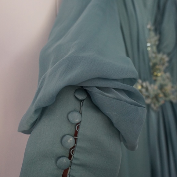 Flowy Aqua Chiffon Long Sleeve Formal Dress with Embellished Waist - Picture 7 of 10